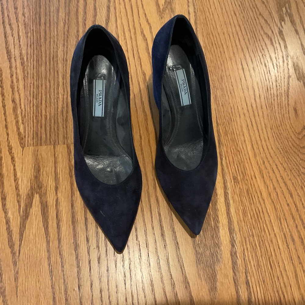 Prada Navy Suede Block Heel Pumps Size 36½ | Italian | Pointed Toe | Dust Bags